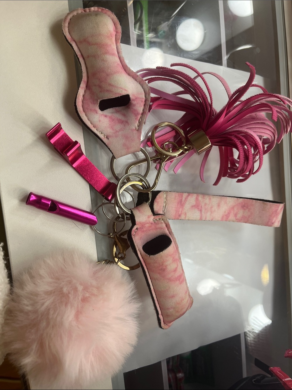 Pink Feminine Keychain Accessory Set with Pom Pom, Tassel, and others